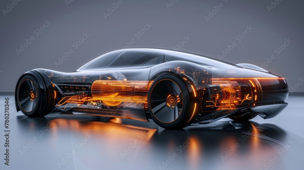 Futuristic car showcasing its transparent engine bay with glowing ...