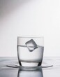 A single ice cube captured at the moment it touches the water surface in a clear, slender glass, set against a stark white background to emphasize the purity and simplicity of the moment