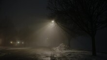 Dark Street Whit Street Light At Night With Heavy Fog. Wide Shot