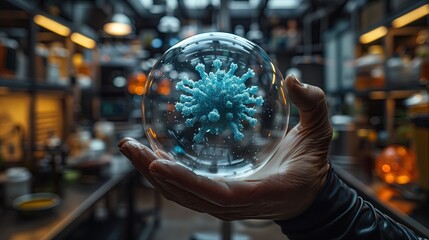 Wall Mural - abstract image. scientist holding a hologram of platelets inside a bubble. science technology concep