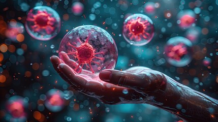 Wall Mural - abstract image. scientist holding a hologram of platelets inside a bubble. science technology concep