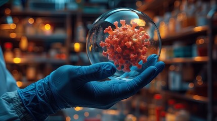 Wall Mural - abstract image. scientist holding a hologram of platelets inside a bubble. science technology concep