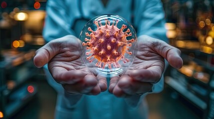 Wall Mural - abstract image. scientist holding a hologram of platelets inside a bubble. science technology concep
