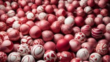 A Big Stack Of Balls With White Designs And Stripes That Are Crimson And Pink And Are Organized In An Infinite Pattern