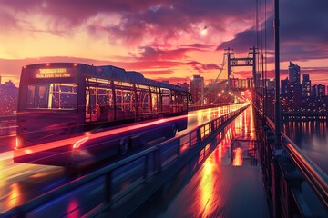 Wall Mural - City bus crossing a bridge at sunset.