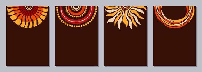 Wall Mural - Set of flyers, posters, banners, placards, brochure design templates A6 size with stylized sun, tribal ornaments of orange, yellow, brown, beige colors. Card templates. Australian, Aboriginal art.