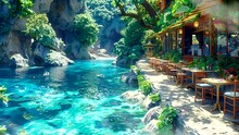 Outdoor Cafe With Tables And Chairs By The Beach, Tropical Plants With A Flowing Stream. Seamless Looping 4k Time-lapse Video Animation Background