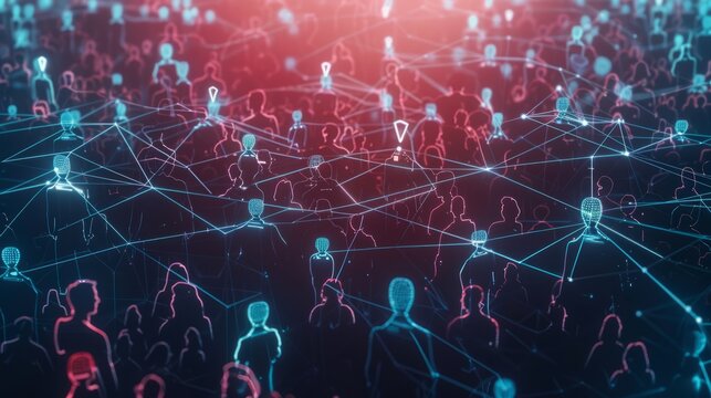crowd of people connected by lines and dots, representing a network or connections among them. Data exchange And customer connections