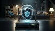 © FantasyLand86 - A conceptual image of a router with a shield symbol on the front, casting a protective hologram around a smart home, symbolizing network security.