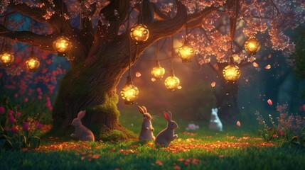 Sticker - A rabbit is peacefully resting under a cherry blossom tree in a natural landscape at night, creating a serene and picturesque scene reminiscent of a painting AIG42E