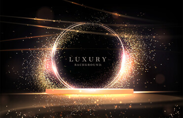 Wall Mural - Vibrant illustration with a bright gold podium and an abstract round frame with sparkling tinsel.