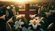 A close-up of a wooden cross nestled in a field of blooming lilies, with morning dew on the petals.