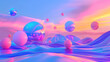 A 3D-rendered abstract landscape featuring floating geometric shapes in a symphony of neon colors, creating a modern, creative background design