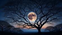 A Silhouette Of A Leafless Tree With Its Branches Intricately Framing A Rising Full Moon In The Twilight Sky.