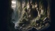 A close-up view of a section of the rocky cliff of a mystical castle, focusing on a hidden cave entrance in a 16_9 aspect ratio.