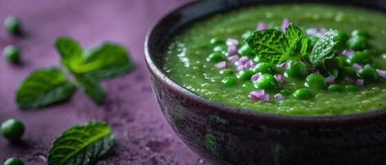 Green pea soup with mint garnish in a ceramic bowl. Macro shot with selective focus on textured background. Fresh vegan food and healthy lifestyle concept. Design for food blog, menu, recipe book
