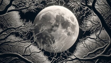 Wall Mural - A close-up of a full moon viewed through the interwoven branches of bare trees in winter.