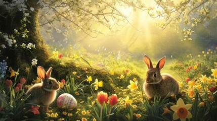 Canvas Print - A rabbit is nestled among the flowers in a meadow surrounded by lush green grass and beautiful natural landscape in a forest AIG42E