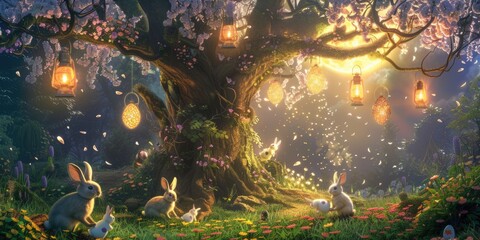 Wall Mural - A rabbit is peacefully resting under a cherry blossom tree in a natural landscape at night, creating a serene and picturesque scene reminiscent of a painting AIG42E