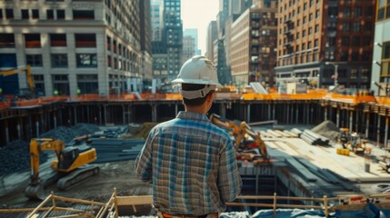 Wall Mural - A civil engineer surveys a bustling construction site, ensuring the foundation of a future skyscraper is flawless.