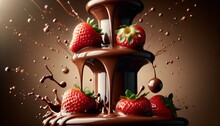 A Close-up Of Strawberries Dipped In A Dark Chocolate Fountain With Splashes And Droplets Of Chocolate Frozen Mid-air.