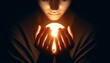 Close-up of hands gently cradling a light source, casting a warm glow on the face above, with eyes closed in peaceful contemplation.