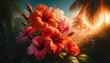 An artistic close-up of vibrant hibiscus flowers in a tropical setting, showcasing a rich palette of reds and oranges.