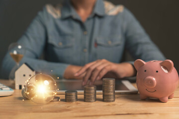 Poster - Ideas for saving energy. How to reduce electricity bills and increase savings. Saving money by saving electricity. Ideas for saving money and investing.