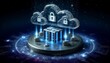 A 3D illustration of a secure cloud storage facility floating in cyberspace, guarded by advanced locking mechanisms.