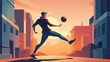 A stylish silhouette of a young freestyle footballer midair juggling the ball with intricate footwork against a backdrop of colorful street