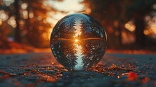 A Christmas Glass Globe Reflecting A Road Under The Sunset, Its Image Blurred