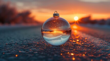 Wall Mural - A Christmas glass bauble with a blurred reflection of a road under the sunset