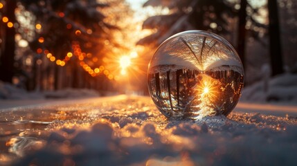 Wall Mural - A Christmas glass globe reflecting a road under the sunset, its image blurred