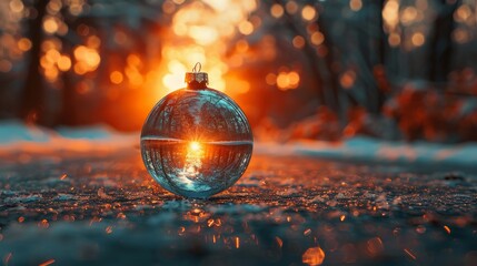 Wall Mural - A Christmas glass ornament reflecting a sunset scene on a road, the image blurred