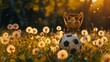 Golden hour illuminates a trophy and soccer ball on a field with blooming dandelions, symbolizing victory in sports.
