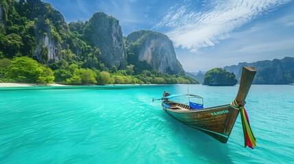 Boat near beautiful tropical island with crystal blue waterBoat near beautiful tropical island with crystal blue water