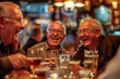 Elderly men laughing with beer in hand