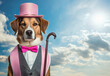 © muni - 杖を持って、ピンクの帽子を被って蝶ネクタイをした可愛い犬の紳士と青空