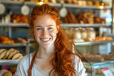 Fototapeta Do akwarium - Cheerful redhead in bakery with fresh bread behind