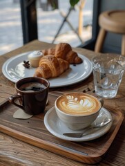 Wall Mural - There is a wooden tray with  latte on the wooden table in the cafe. A tea-colored cup holds water. A matte white plate in the back holds a croissant.