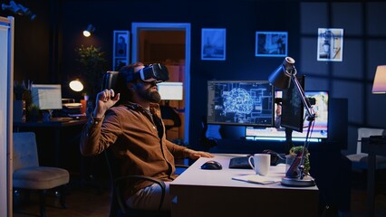 Developer wearing VR headset panicking after AI mind gains sentience, hastily removing goggles and altering lines of code. Admin scared by artificial intelligence gaining consciousness, camera B