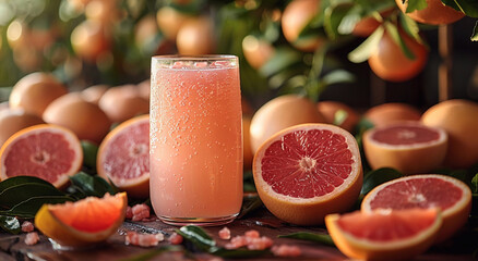 Wall Mural - Glass of fresh cold red grapefruit juice with grapefruit halves on harvest plantation field background.Macro.AI Generative