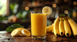 Glass of fresh healthy banana juice on table with ripe bananas and slices.Macro.AI Generative.