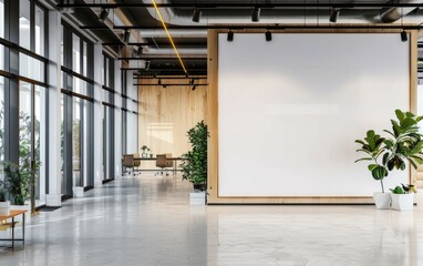 Wall Mural - Modern coworking office interior with blank white mock up banner on wall, panoramic windows and city view, daylight, wooden flooring, furniture and decorative plant. 3D Rendering