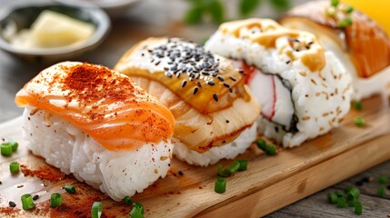 Wall Mural - Delectable Sushi Selection on a Wooden Board for Culinary Delights. Perfect for Restaurant Menus and Food Blogs. Fresh Ingredients and Vibrant Colors in the Display. AI