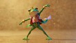 A charismatic frog prince, donned in colorful attire, exhibits joy through a whimsical dance pose against a warm background, depicting adventure