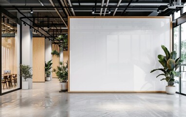 Wall Mural - Modern coworking office interior with blank white mock up banner on wall, panoramic windows and city view, daylight, wooden flooring, furniture and decorative plant. 3D Rendering 2