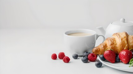 Poster - Morning Delight with Fresh Croissant and Berries, Perfect Breakfast Setup on a White Background, Simplicity in Food Photography. AI