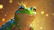 The image of a frog prince up close with a sparkling golden crown conveys a sense of royalty, expectation, and the enchanting essence of the frog prince folklore