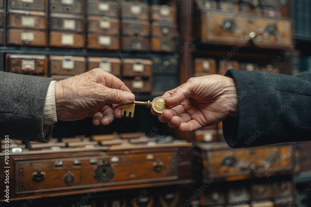 Close-up of hand of banker presenting a golden key to a wealthy client ...
